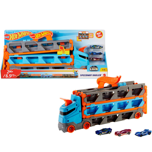 Hot Wheels Speedway Hauler with 3 cars and 6-foot drag race track for kids, storing over 20 cars and connecting to playsets.