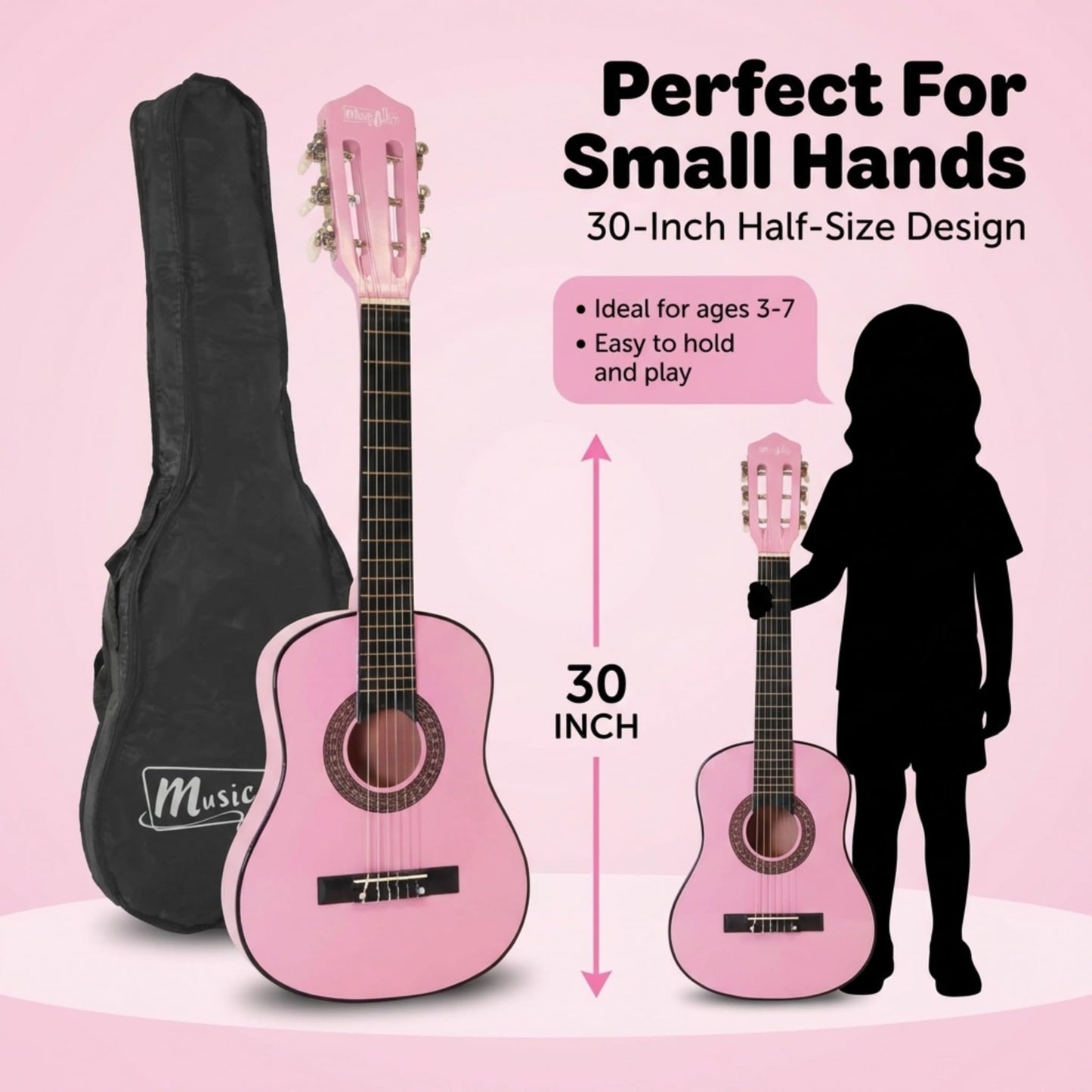 Music Alley classical junior acoustic guitar for kids with a carrying bag, featuring a natural wood finish and nylon strings.