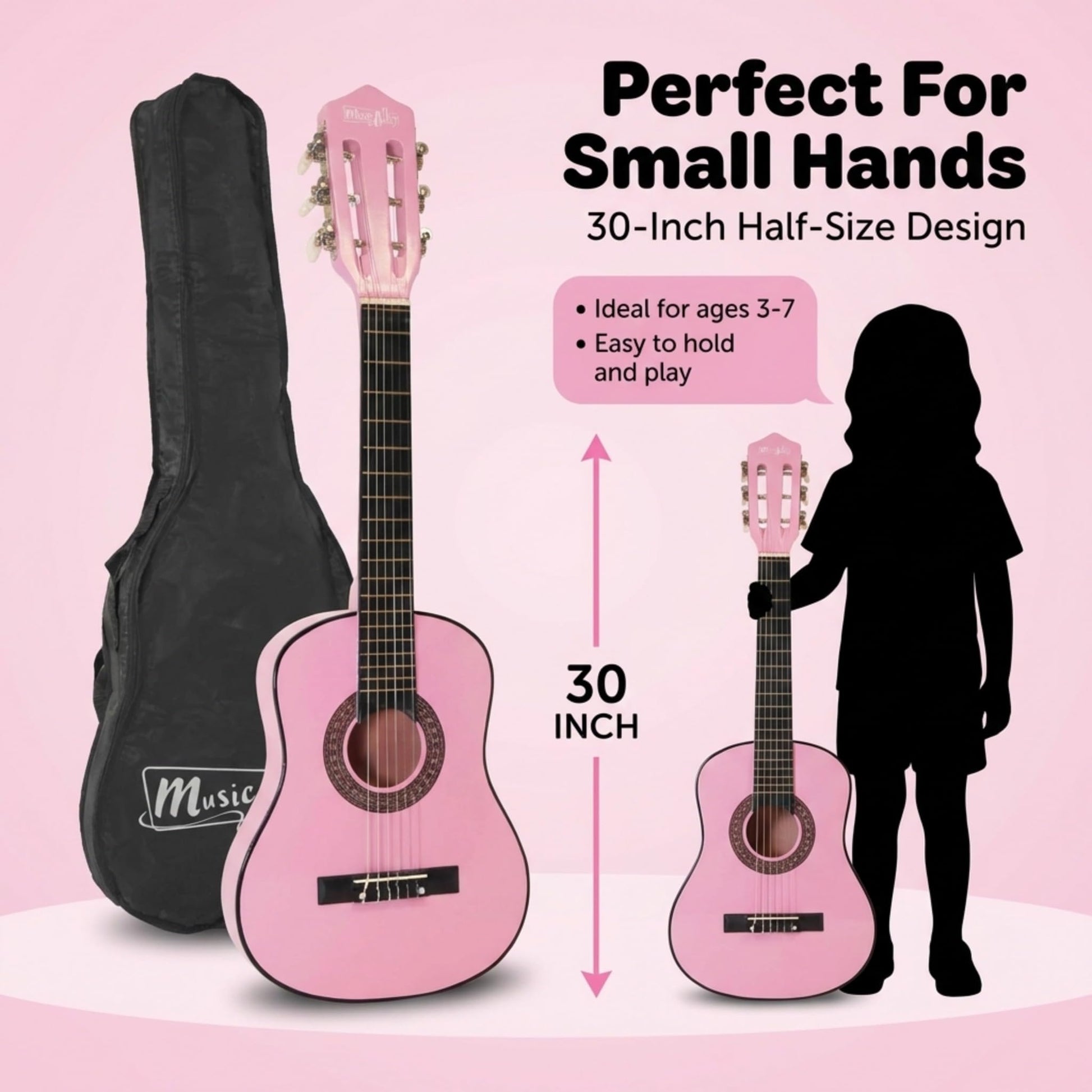 Music Alley classical junior acoustic guitar for kids with a carrying bag, featuring a natural wood finish and nylon strings.