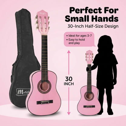 Music Alley classical junior acoustic guitar for kids with a carrying bag, featuring a natural wood finish and nylon strings.