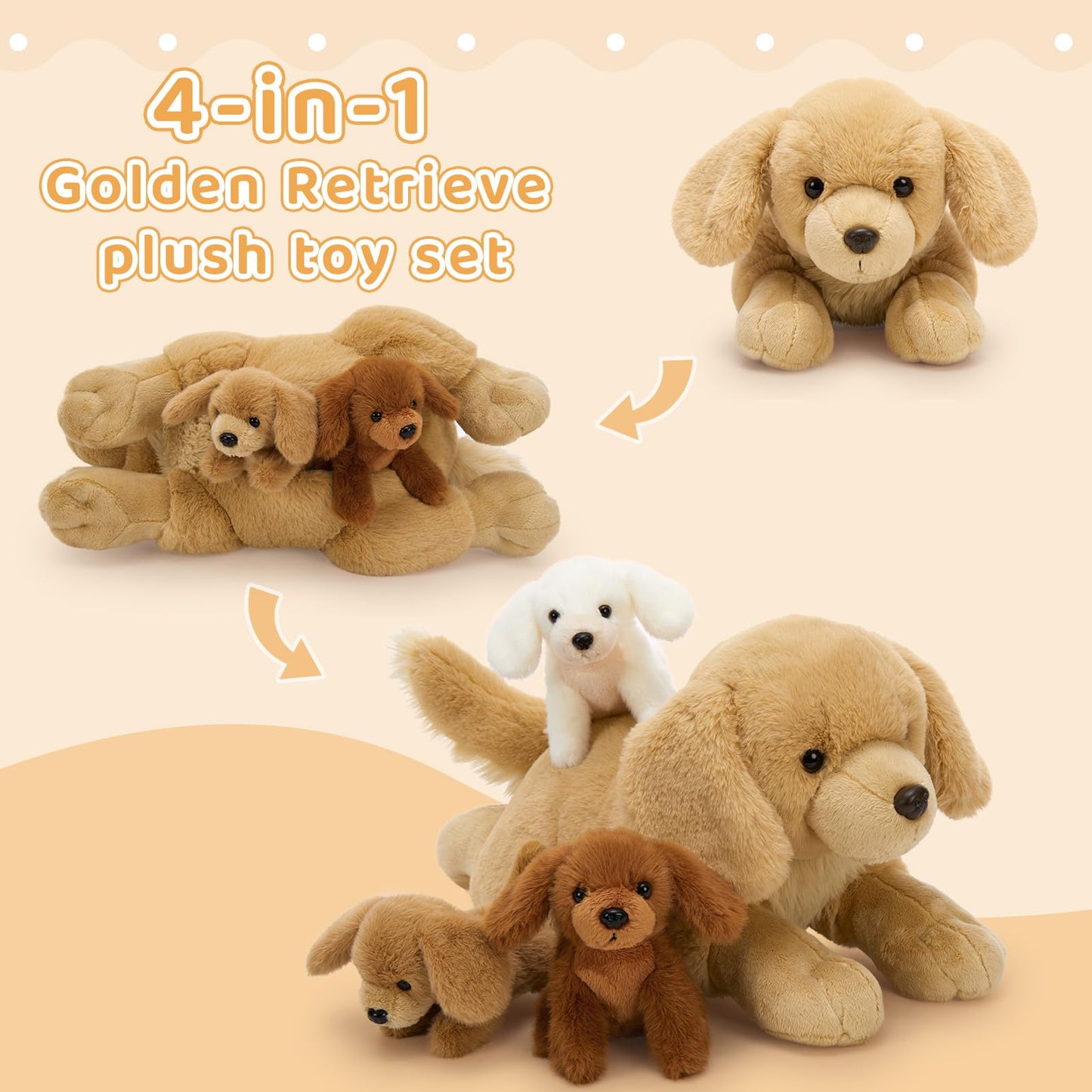 MorisMos Big Golden Retriever Teddy Soft Toy, 45cm Mom with 3 Cuddly Baby Inside, Giant Fluffly Dog Plush Toy Realistic Kawaii Gift for Kids Birthday Deco