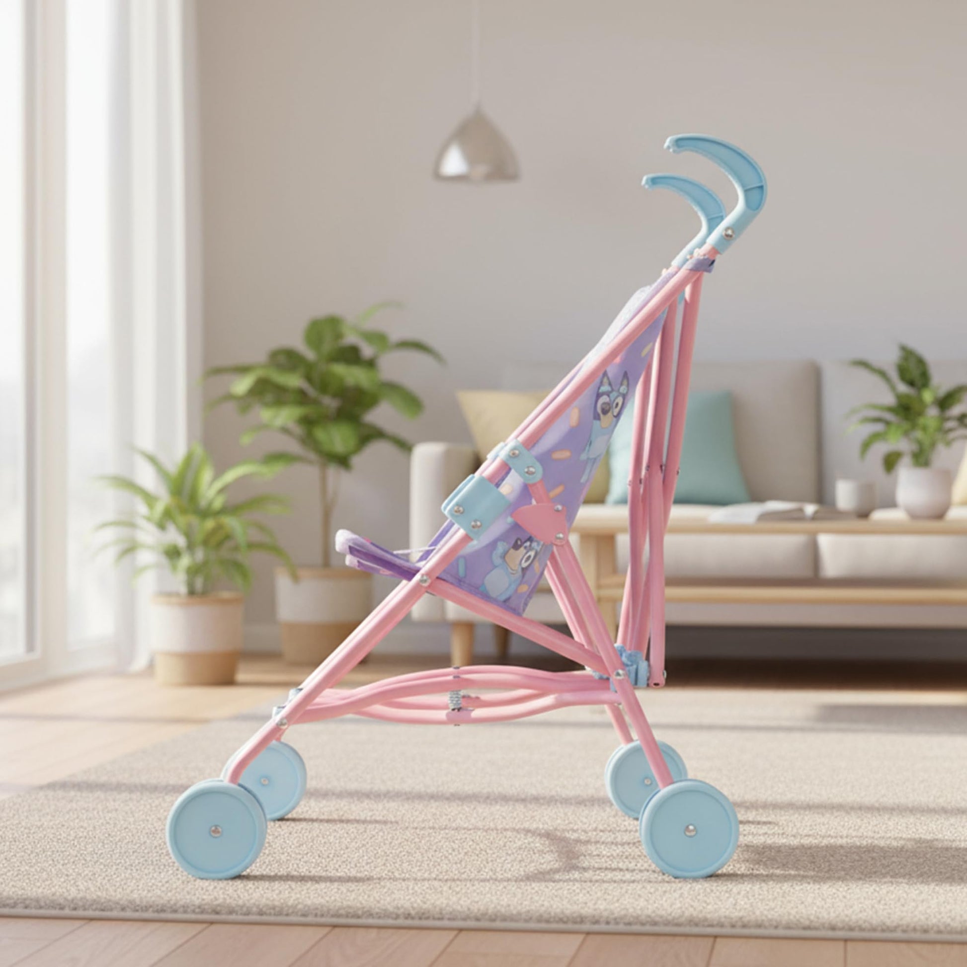 Bluey Buddy Buggy stroller for kids, lightweight double toy pram with Bluey print, includes umbrella fold and portable design for children 2+