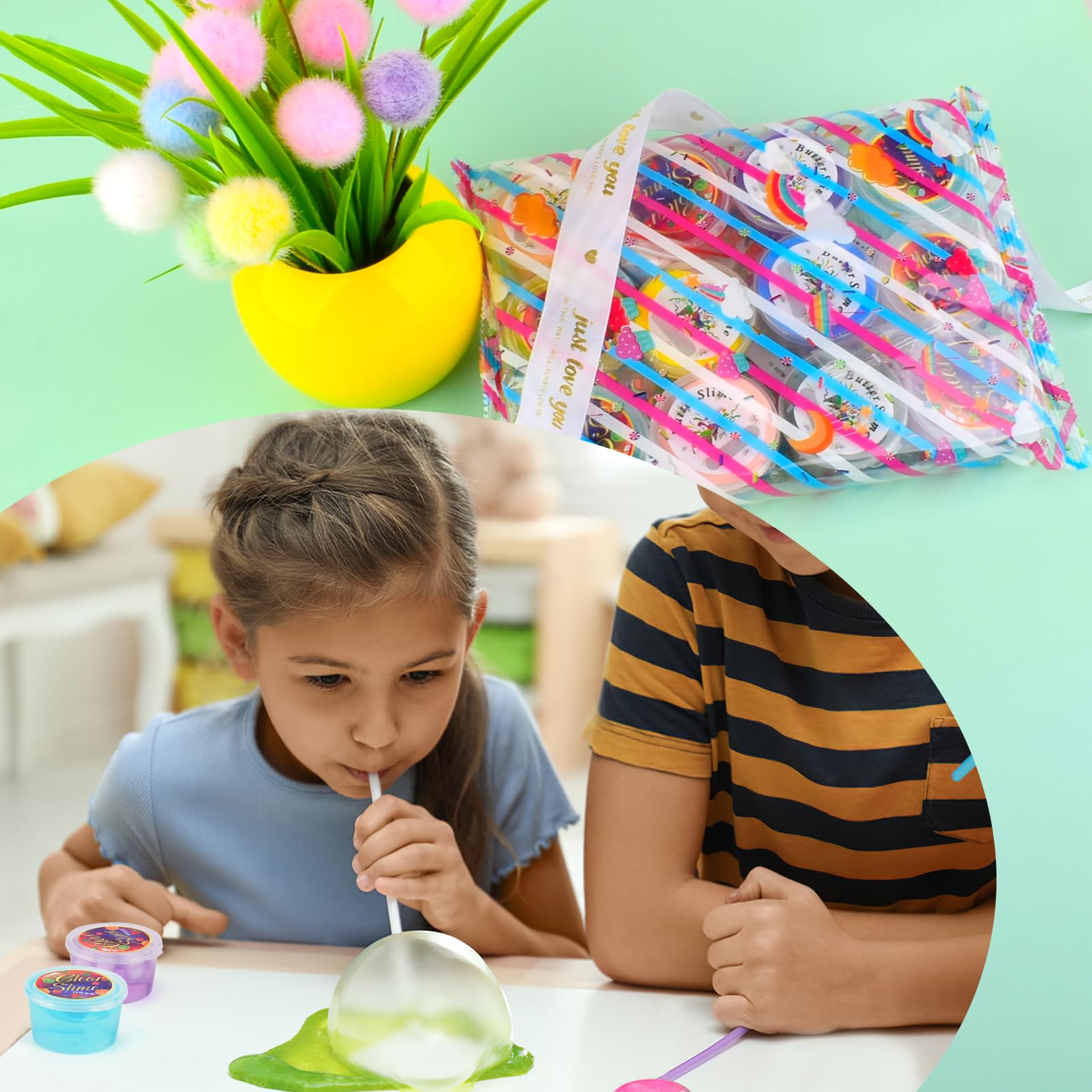 Petyuioyu slime kit with 6 butter and 6 crystal slime putty packs, soft, non-sticky, for kids party favors and stress relief.