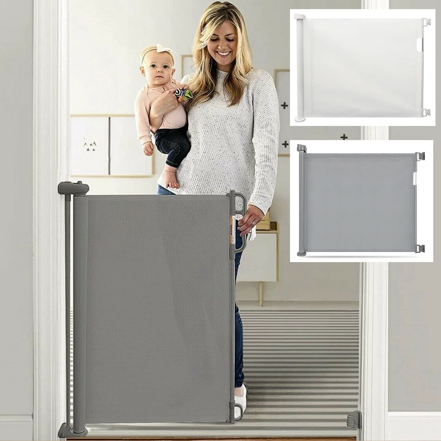 JAOSY retractable mesh baby gate for stairs, portable and wide, with soft non-toxic mesh, suitable for indoor and outdoor use.