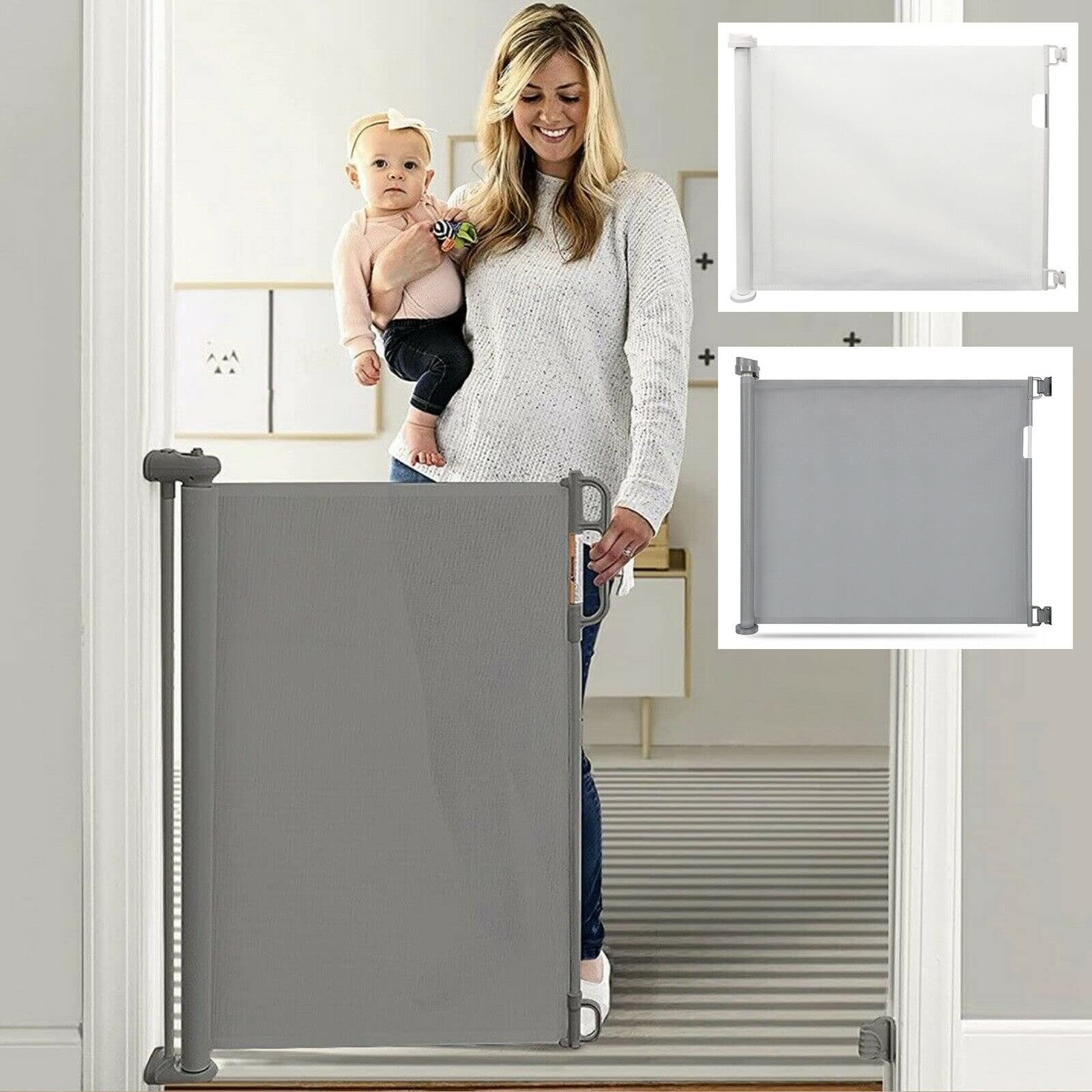 JAOSY retractable mesh baby gate for stairs, portable and wide, with soft non-toxic mesh, suitable for indoor and outdoor use.