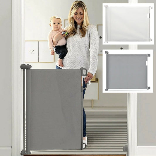 JAOSY retractable mesh baby gate for stairs, portable and wide, with soft non-toxic mesh, suitable for indoor and outdoor use.