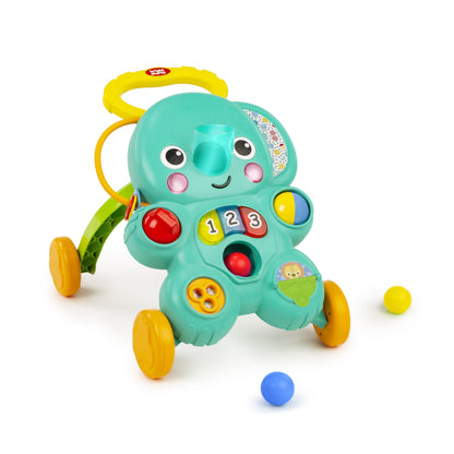 Bright Starts Stroll 'N Roll 2-in-1 Baby Walker with elephant design, lights, and music for infants 6 months and older.