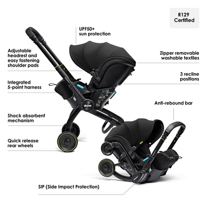 Doona X Baby Car Seat & Travel Stroller Nitro Black - Convertible 0+ Car Seat and Pram with 3 Recline Positions - Ergonomic Pushchair and Travel System - ISOFIX Base Sold Separately