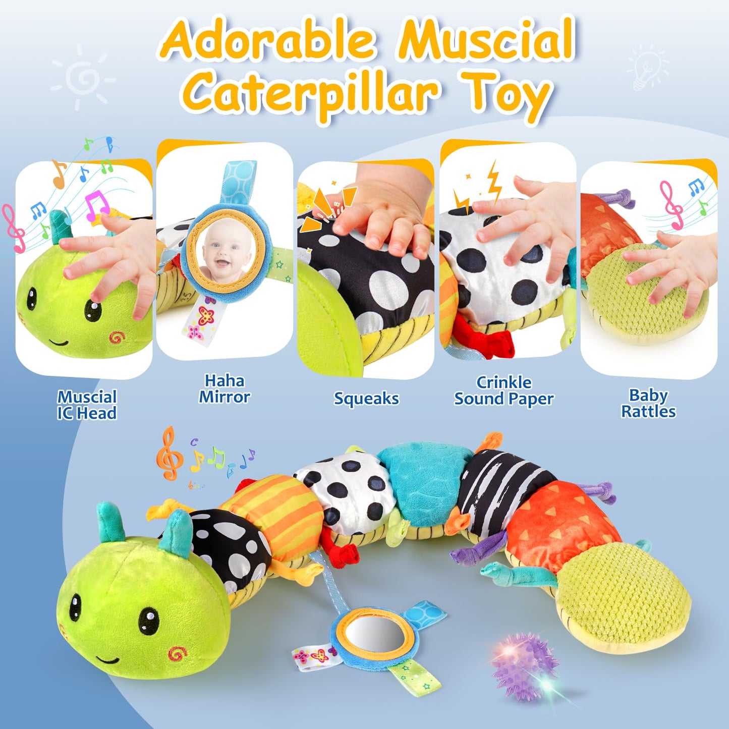 Joyreal baby sensory toys set with musical caterpillar, rattles, and ribbons for newborns 0-6 months in a colorful arrangement.