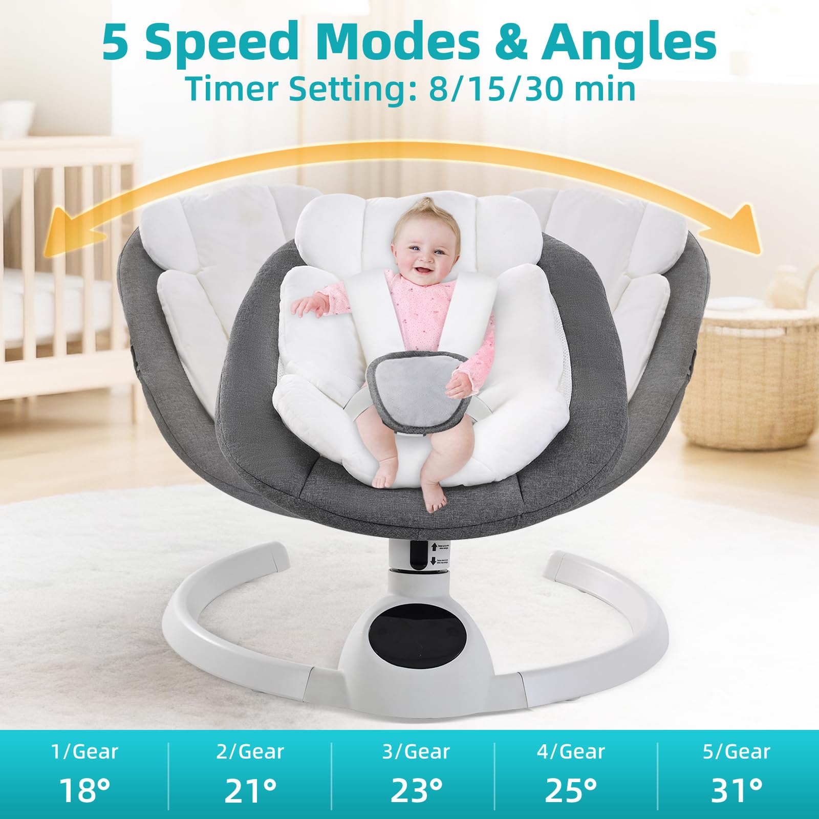 Cozydwells electric baby swing chair in grey with Bluetooth, touch screen music speaker, remote control, 5 swing speeds, portable rocker