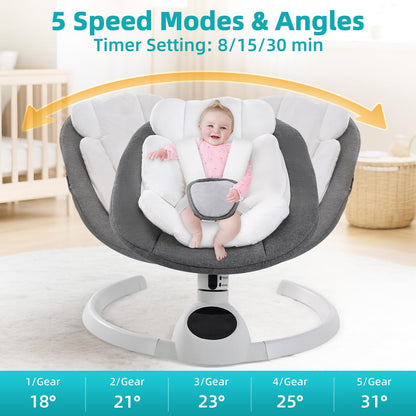 Cozydwells electric baby swing chair in grey with Bluetooth, touch screen music speaker, remote control, 5 swing speeds, portable rocker