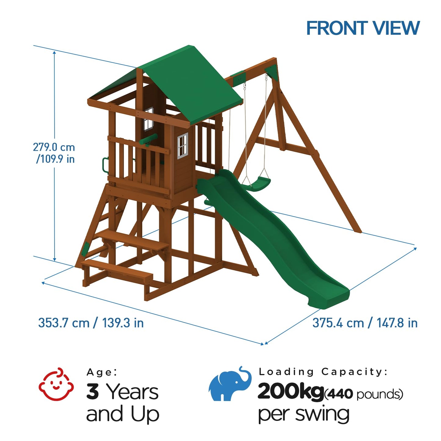 DOLPHIN PLAYGROUND T Wooden Swing and Slide Set for Backyard, Kids Swing Set with Picnic Table, Play House for Kids Outdoors with Slide 2 Swings Climbing Wall, Kids Outdoor Play Equipment for Ages 3+