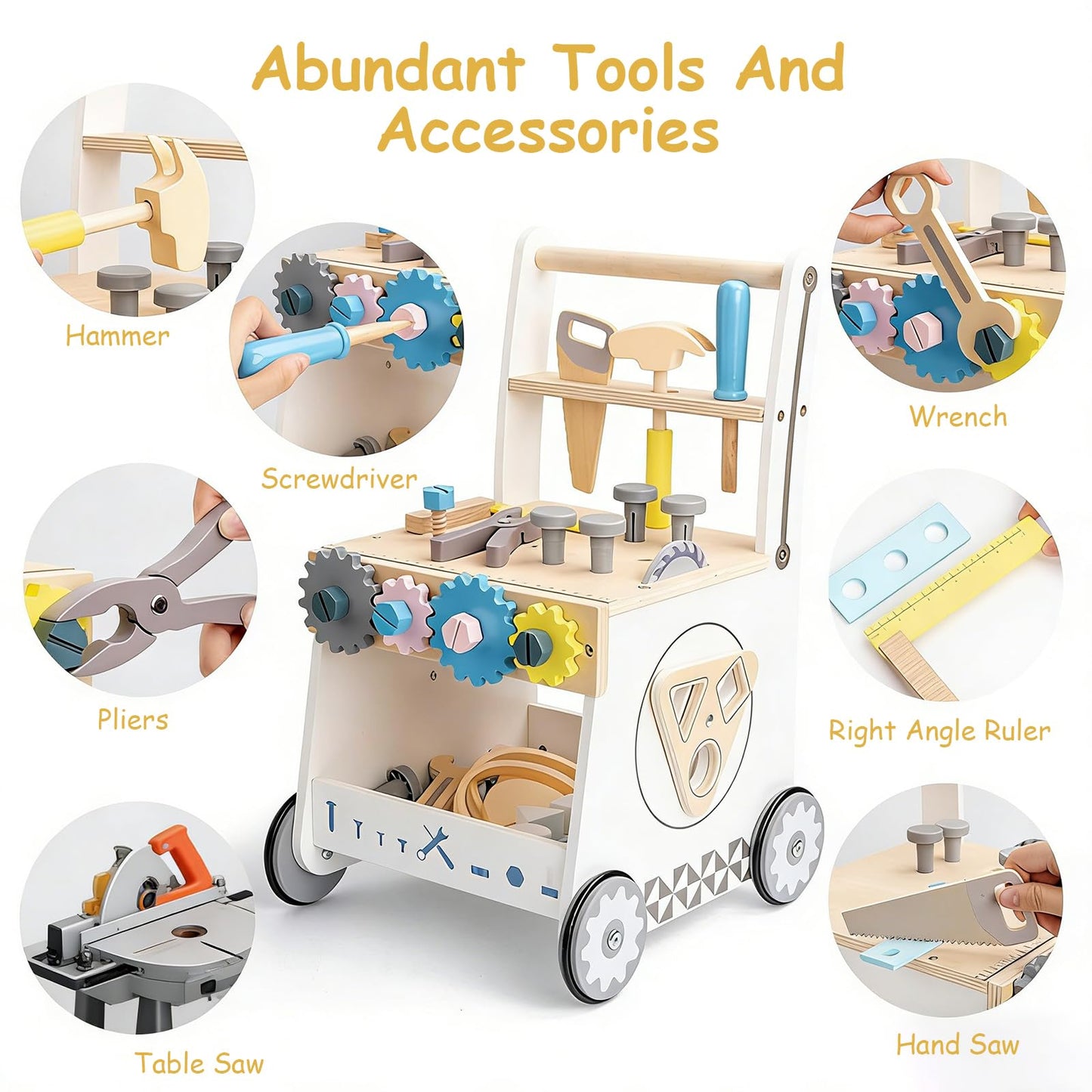 Caossuixin wooden baby walker for toddlers with shape sorter, toy tool set, workbench, and clock features, suitable for 6-12 months.