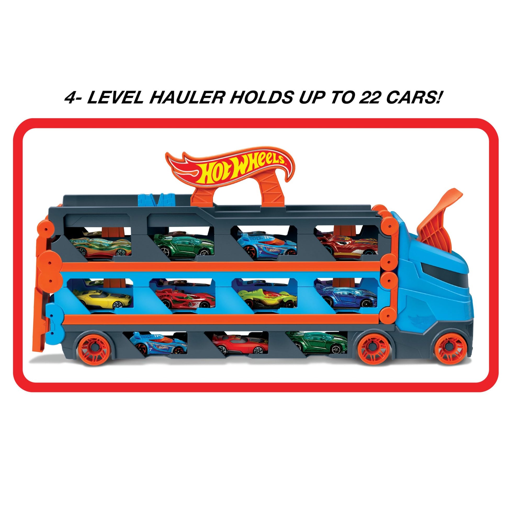Hot Wheels Speedway Hauler with 3 cars and 6-foot drag race track for kids, designed to store 20+ cars.