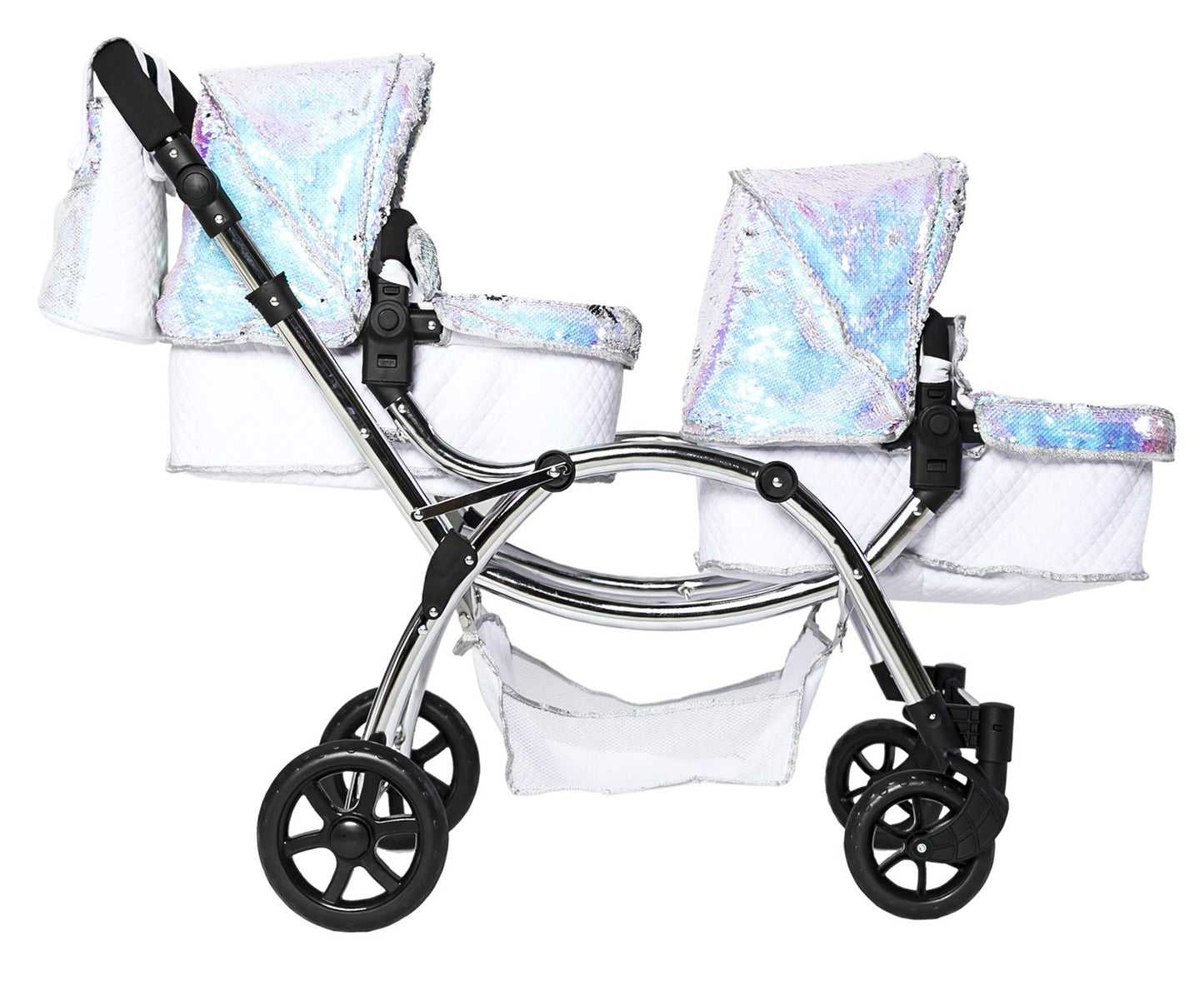 Roma Polly Dolls Pram 2-in-1 Dolls Pushchair, Double Buggy with Convertible Seat, Adjustable Handle, Foldable Canopy, Mermaid Print, Suitable for Ages 3-16, Perfect or Christmas