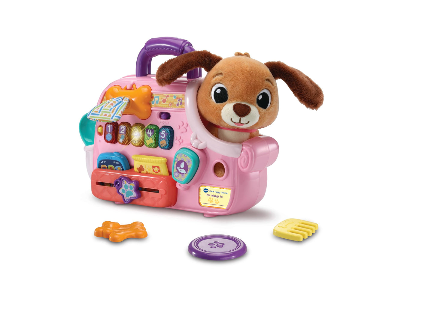 VTech Baby Cutie Puppy Carrier, Interactive Role-Play Toy with 6 Accessories, Light-up Buttons with Music, Sounds & Phrases, Gift for Babies 9, 18, 24 months +