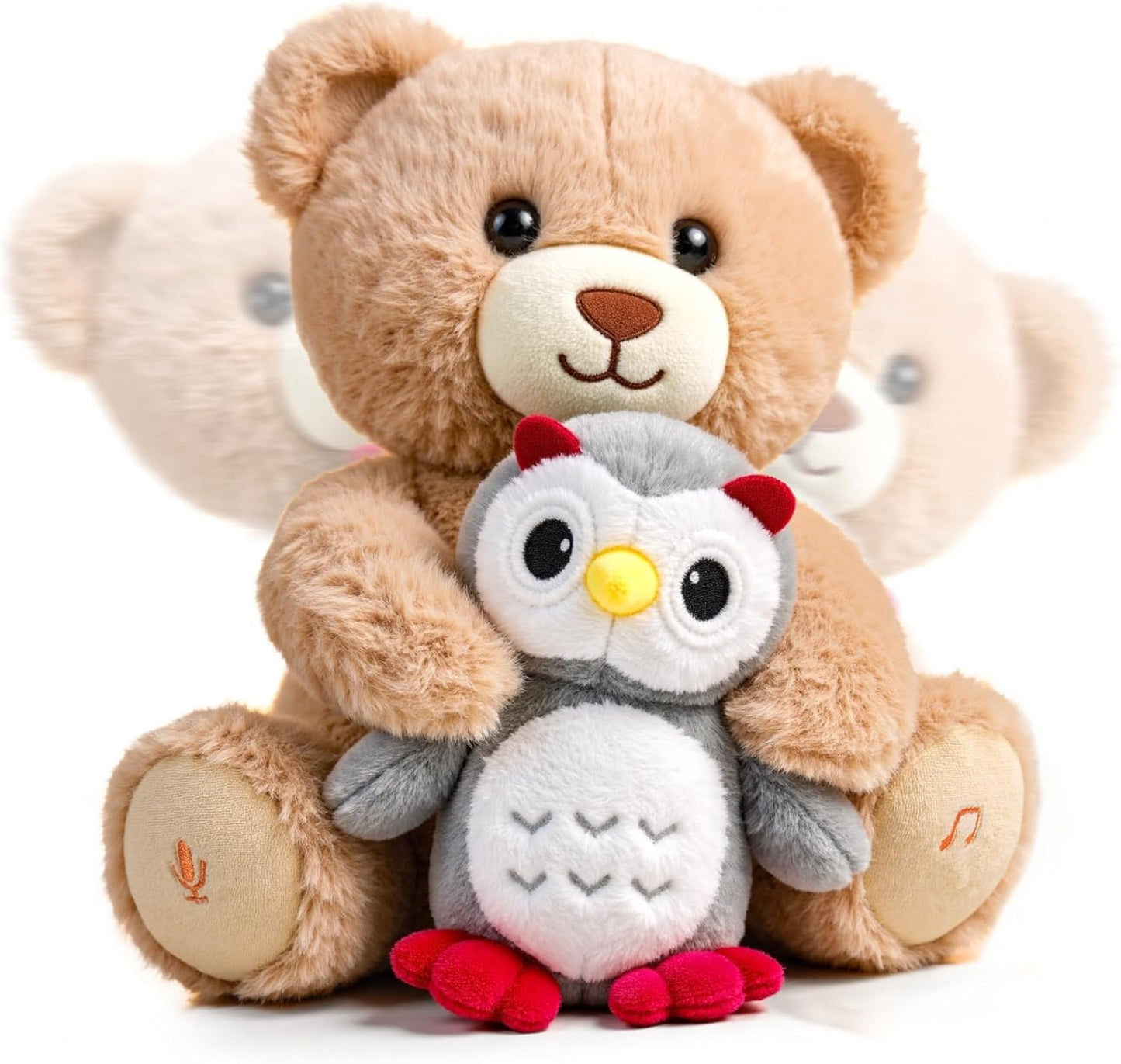 eJog Pup musical bear stuffed animal with owl, interactive talking plush toy for kids, soft plushie suitable for toddlers.