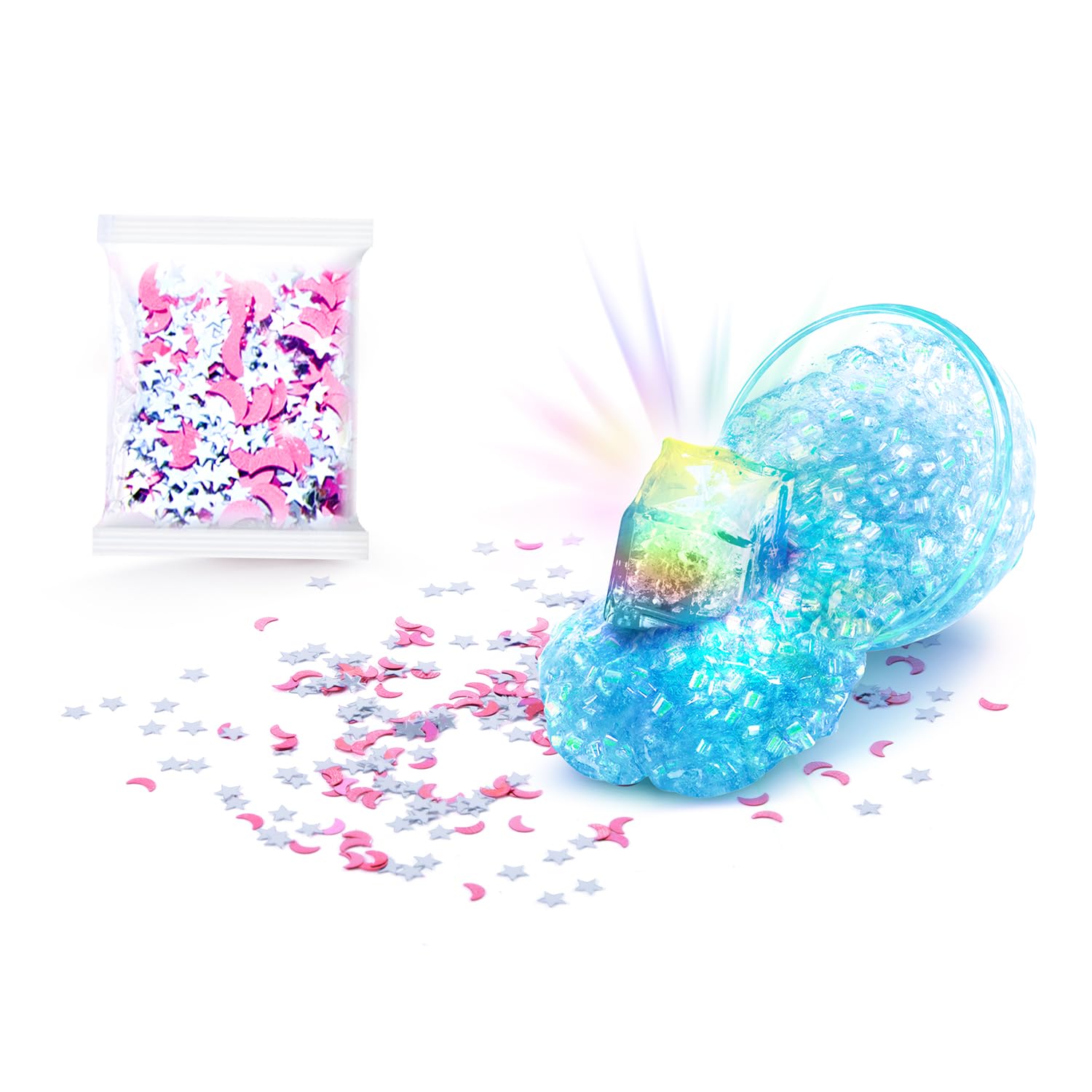 Colorful cosmic slime set with decorations and color-changing LED light, sensory slime toy by Canal Toys for kids age 6+.