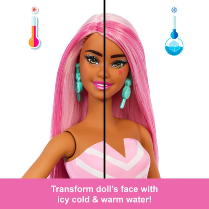 Barbie Pop Reveal Treat Series fashion doll with sweet swirl theme, pet, and color change accessories, showcasing 8 surprises.