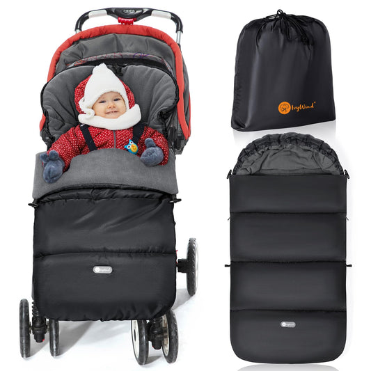Black and grey IvyWind baby pushchair footmuff with waterproof, warm pongee fabric, zip closure, drawstring, and washable design.