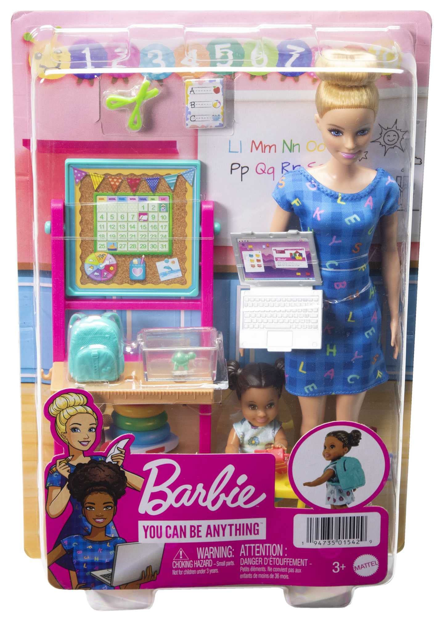 Barbie teacher doll with blonde hair, toddler doll with brunette hair, flip board, laptop, backpack, toddler desk, and pet turtle.