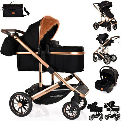 3 in 1 Travel System Baby Pram Buggy with Car Seat Pushchair Carriage Child Lightweight Folding Stroller for Newborns Toddlers from Birth up to 22kg New 2025 Style (BB1 - Black Gold, BB1)