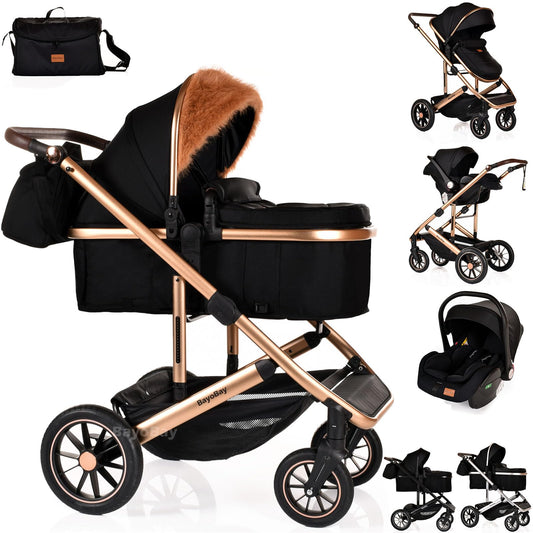 3 in 1 Travel System Baby Pram Buggy with Car Seat Pushchair Carriage Child Lightweight Folding Stroller for Newborns Toddlers from Birth up to 22kg New 2025 Style (BB1 - Black Gold, BB1)
