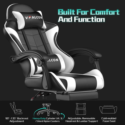 Vfalcon XTREME gaming chair in white with ergonomic design, reclining feature, footrest, 360° swivel, and adjustable height.