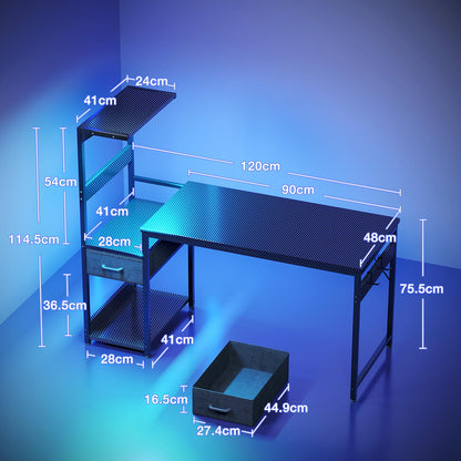 Coleshome gaming desk with LED lights, black carbon fiber finish, drawers, display shelves, headphone hook, and reversible design.