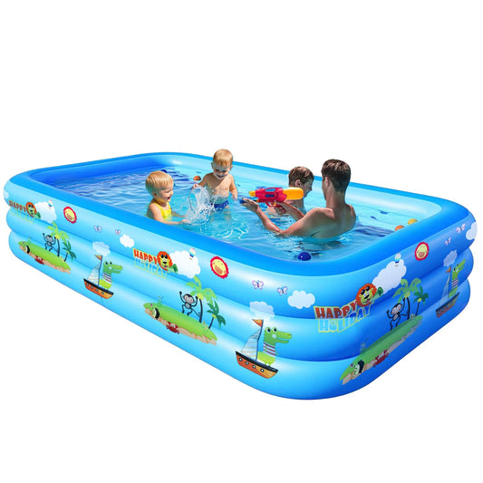 GALAXYER Inflatable Paddling Pool with Cartoon Prints, 3 Rings Large Rectangular Family Swimming Center for Kids Toddlers Adult, Indoor Outdoor Garden Swimming Pool, 205 × 125 × 50 CM
