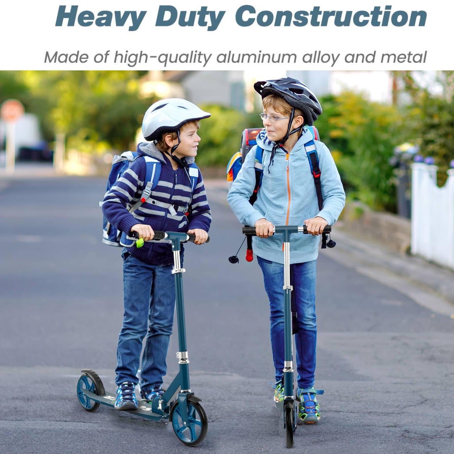 SPOTRAVEL folding kick scooter with adjustable handlebar, rear brake, and kickstand for kids aged 8 and up.