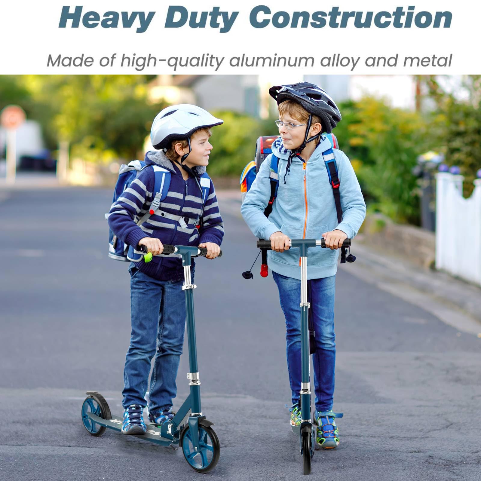 SPOTRAVEL folding kick scooter with adjustable handlebar, rear brake, and kickstand for kids aged 8 and up.