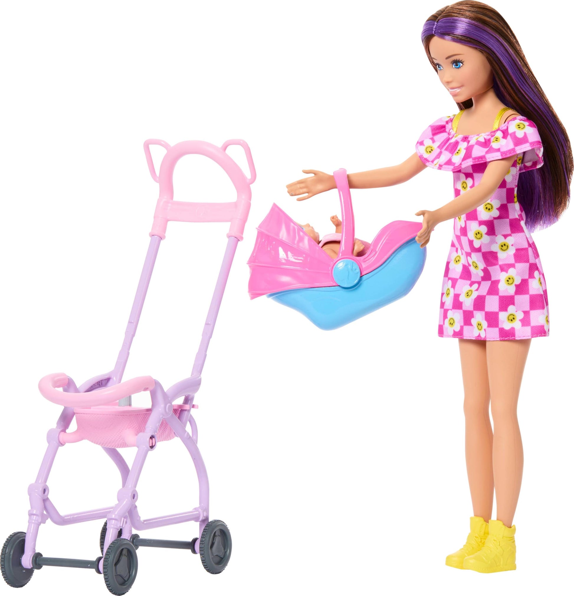 Barbie Skipper Babysitters Inc. playset featuring brunette doll, blonde baby doll, stroller with removable car seat and accessories