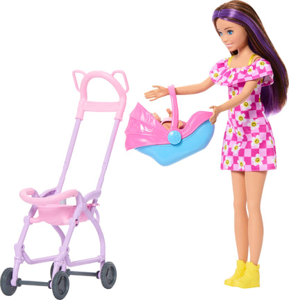 Barbie Skipper Babysitters Inc. playset featuring brunette doll, blonde baby doll, stroller with removable car seat and accessories