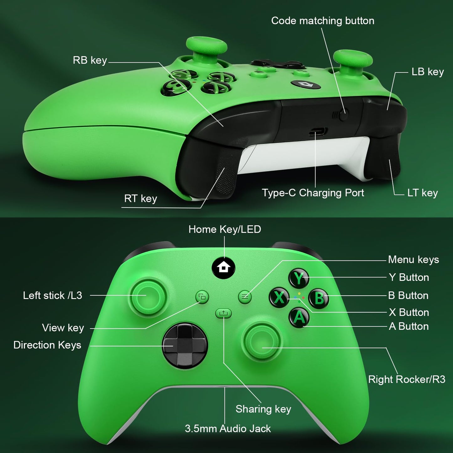 Lampelc Xbox One Controller for Xbox Series X, S, and Windows, wireless gamepad with ergonomic design and standard buttons.