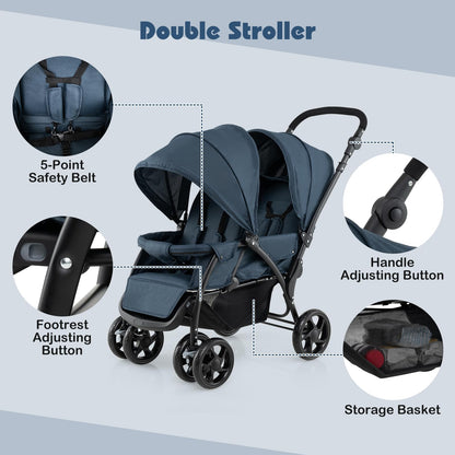 Foldable Twin Stroller, Double Baby Pushchair w/Multi-Level Backrest, Canopy, Handle & Footrest, Safety Belt & Brake System, Travel Tandem Seating Stroller w/Lockable Wheels (Dark Blue)