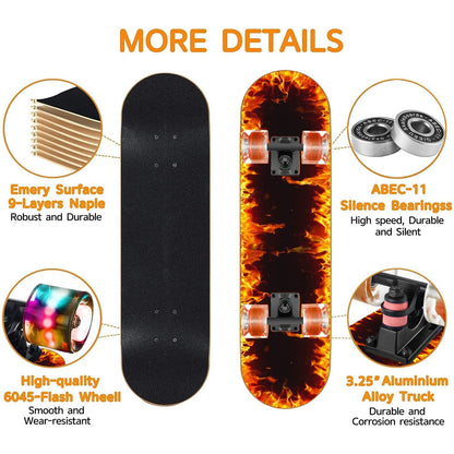 GIEEU Skateboards with Colorful Flashing Wheels for Beginners,Kids,Teens,Adults,31 x 8 Inch Complete Standard Skate Boards 9 Layer Canadian Maple Deck Concave Skateboard (Fire Skateboard-UK)