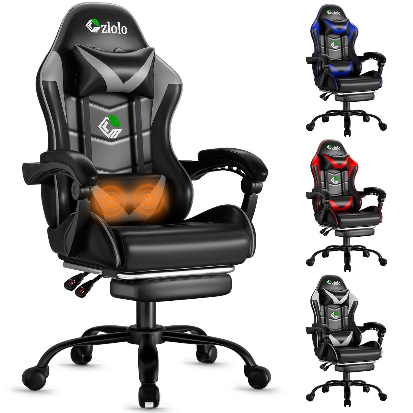 Grey Czlolo gaming chair with massage feature, racing style design, footrest, lumbar and headrest support, and adjustable recline.