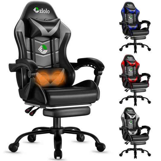 Grey Czlolo gaming chair with massage feature, racing style design, footrest, lumbar and headrest support, and adjustable recline.
