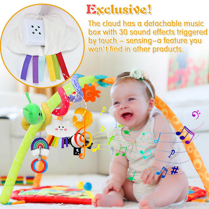 Plush Baby Crib Hanging Toy-Touch-Activated Music Box (30 Sounds), 0-12 Months Infant Sensory Toy w/Cloud/Sun/Rainbow/Moon/Mirror, Washable, Gift for Cribs/Strollers/Car Seats
