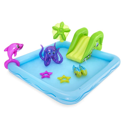 Bestway Fantastic Aquarium Play Center, 7'10" x 6'9", featuring colorful aquatic designs and play areas for kids.