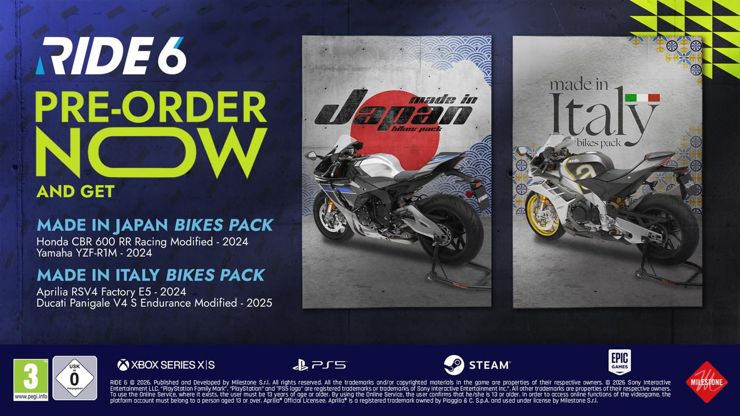 RIDE 6 Day One Edition motorcycle racing game for PS5 by Milestone, showing the game's cover art with motorcycle imagery.