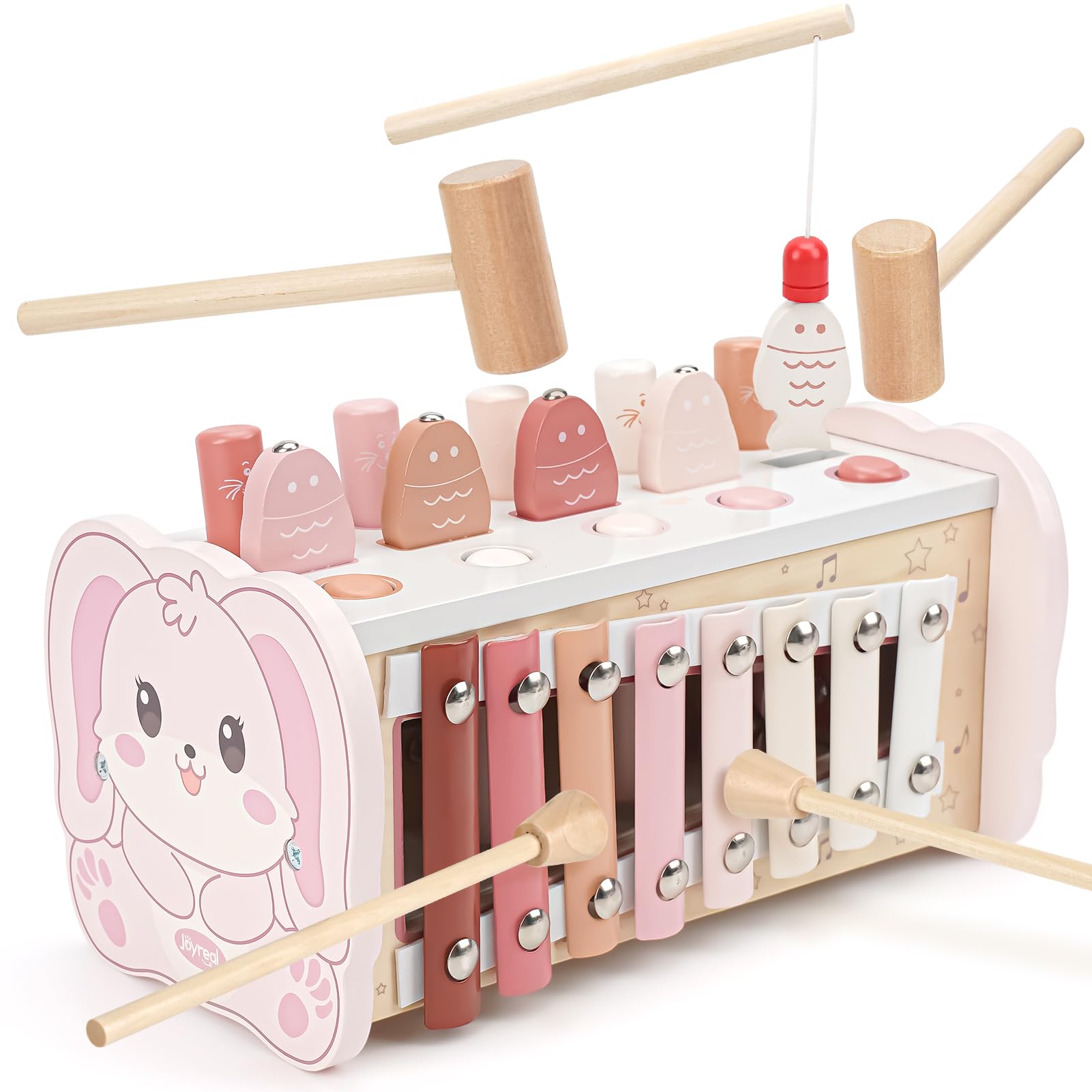 Joyreal wooden Montessori toy set for 1-year-olds including a hammering game, xylophone, and magnetic fishing toy for early learning.