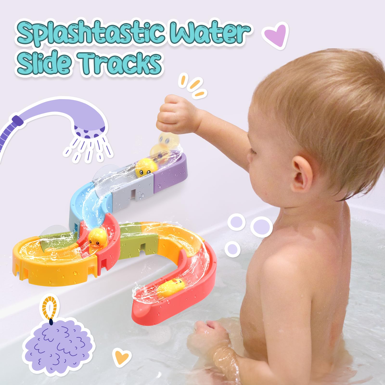 Cute Stone baby bath toys set includes squirty ducks, slide, fishing net, and educational bath toys for boys and girls.