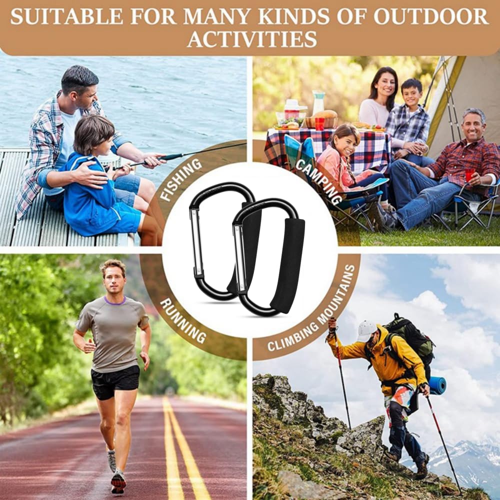 Heavy duty black aluminum buggy clips with carabiners for strollers, prams, and diaper bags, perfect for shopping and pushchair accessories.