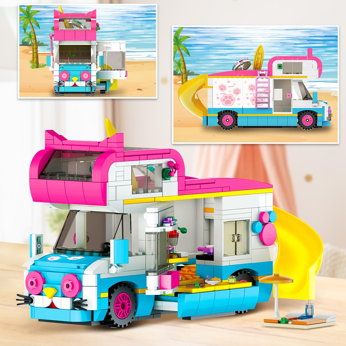 CUBIMANA 3-in-1 cat-themed building set with camper van, ice cream truck, city bus, slide, and stickers for kids ages 6-12.