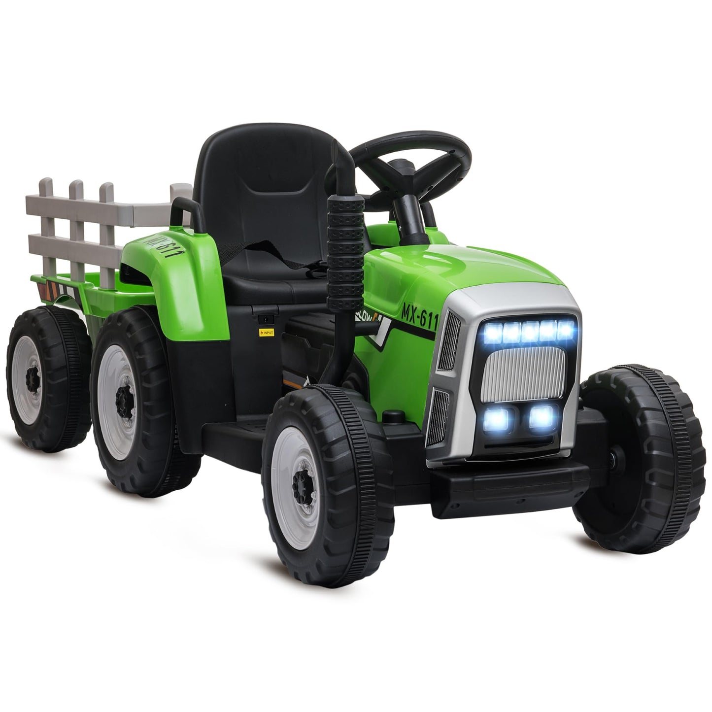 HOMCOM Kids Electric Car, 12V Electric Ride on Tractor and Trailer with Detachable Trailer Remote Control, USB, Horn, Lights, Start-Up Sound, for Ages 3-6 Years, Green