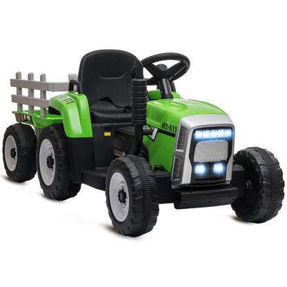 HOMCOM Kids Electric Car, 12V Electric Ride on Tractor and Trailer with Detachable Trailer Remote Control, USB, Horn, Lights, Start-Up Sound, for Ages 3-6 Years, Green