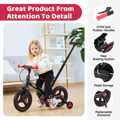 JMMD 6-in-1 toddler bike with training wheels, pedals, and adjustable parent handle for kids aged 18 months to 5 years.