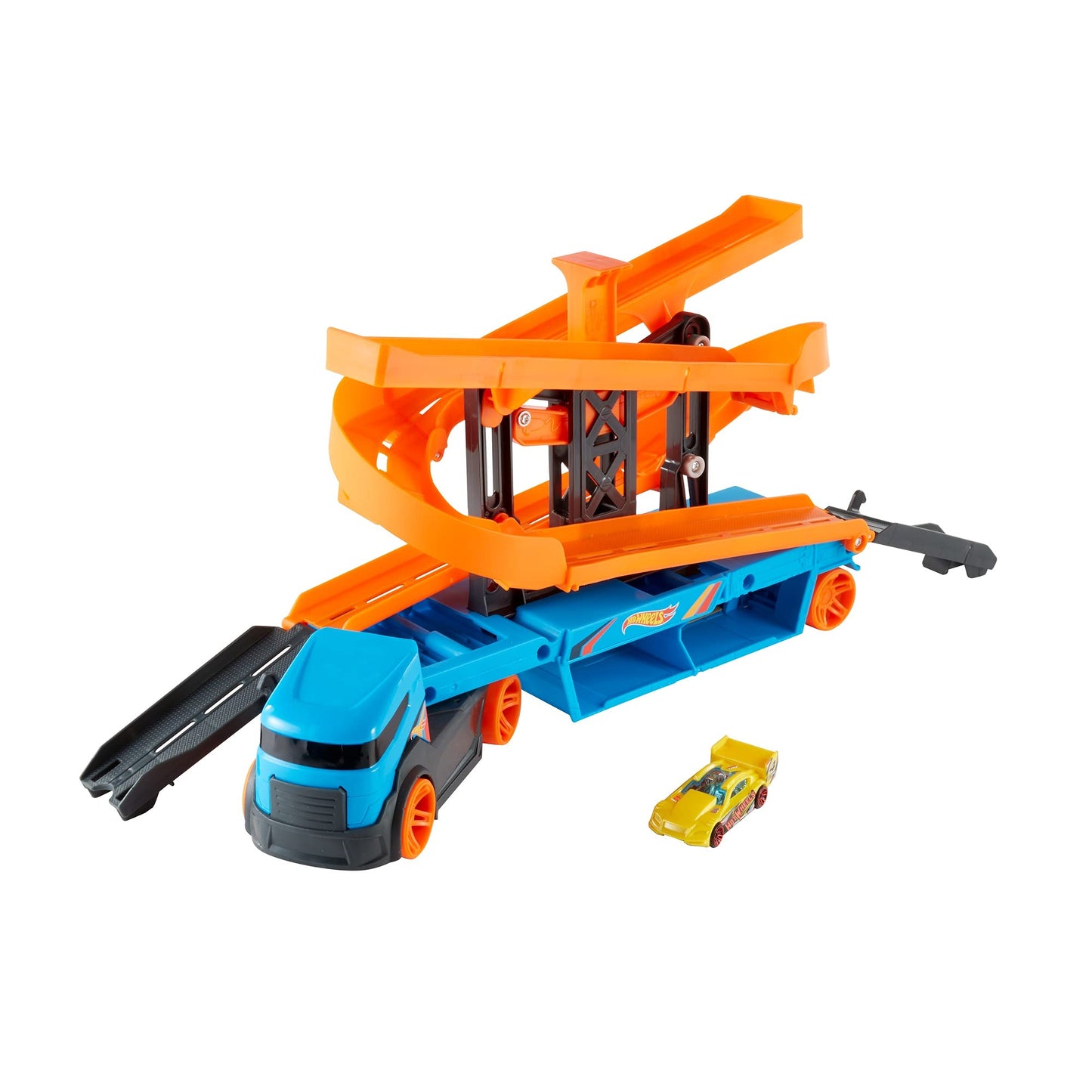 Hot Wheels City Lift & Launch Hauler Vehicle with Storage for Up to 20 1:64 Cars, Lift and Launch Feature and 1 Hot Wheels Car, for 3 Year Olds and Up